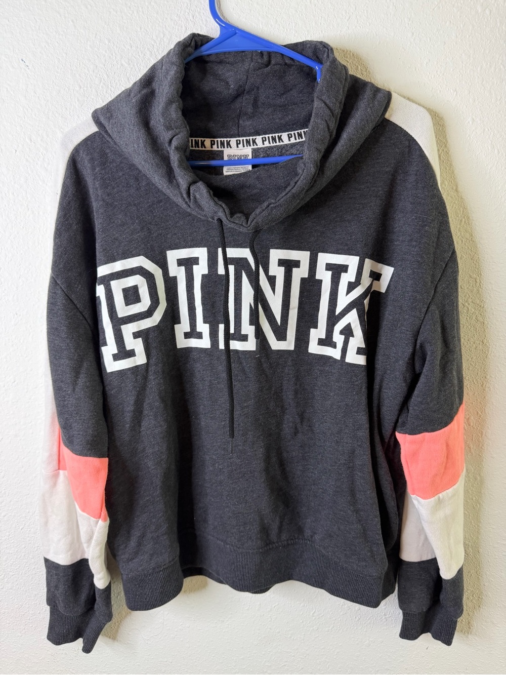 Victoria's Secret PINK Charcoal Gray Hoodie with White & Coral Pink Panels